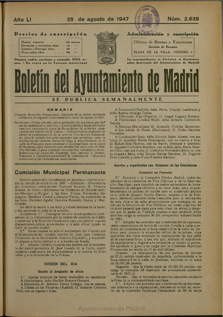 Miniatura de Boletín Oficial del Ayuntamiento de Madrid del 25 de agosto de 1947, nº 2639