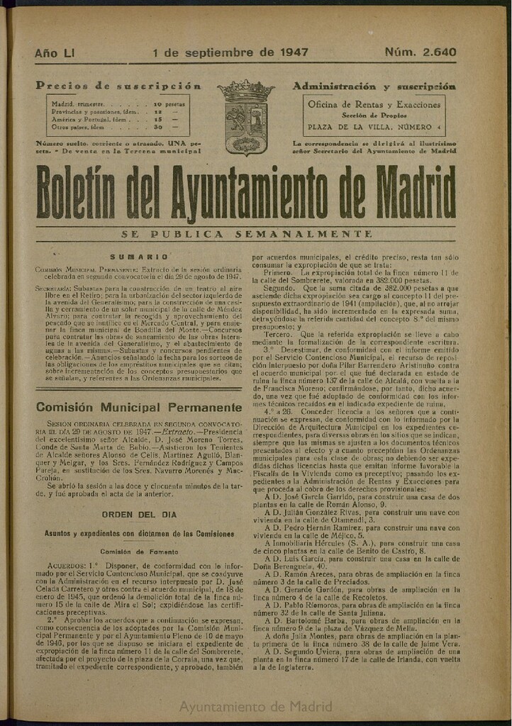 Miniatura de Boletín Oficial del Ayuntamiento de Madrid del 1 de septiembre de 1947, nº 2640