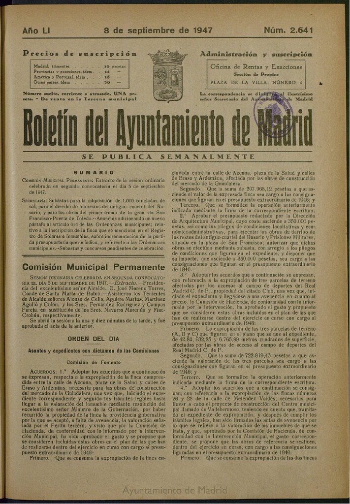 Miniatura de Boletín Oficial del Ayuntamiento de Madrid del 8 de septiembre de 1947, nº 2641