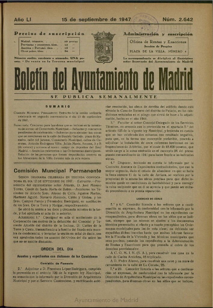 Miniatura de Boletín Oficial del Ayuntamiento de Madrid del 15 de septiembre de 1947, nº 2642