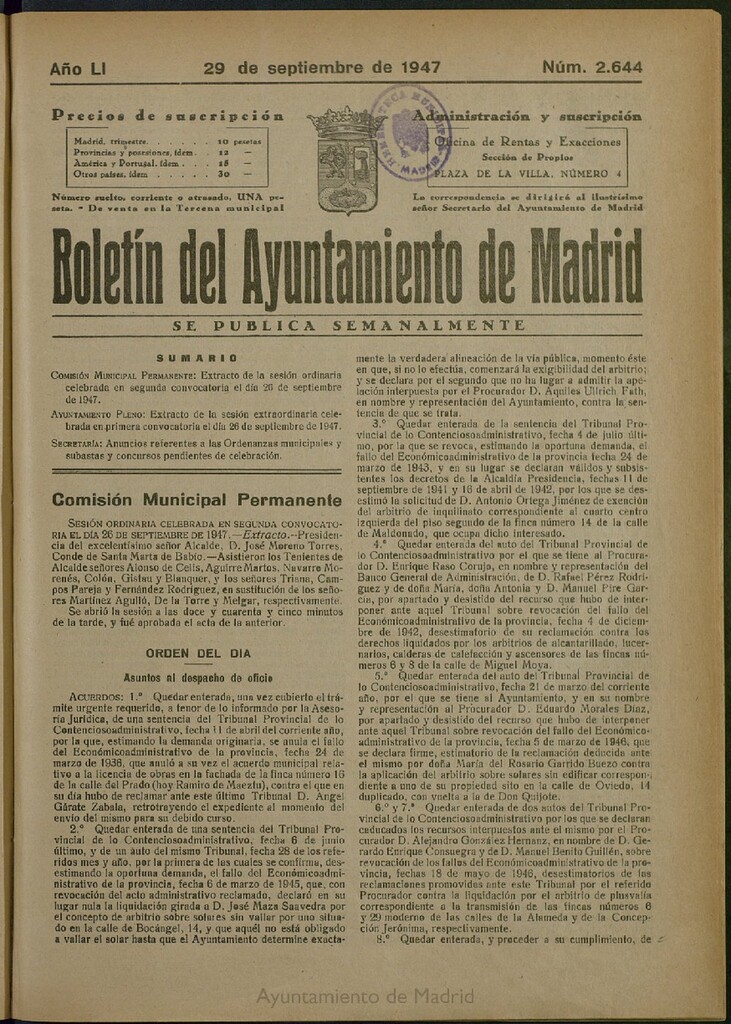 Miniatura de Boletín Oficial del Ayuntamiento de Madrid del 29 de septiembre de 1947, nº 2644