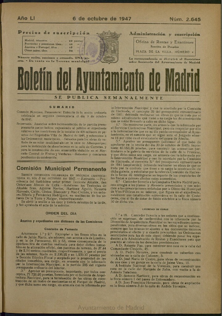 Miniatura de Boletín Oficial del Ayuntamiento de Madrid del 6 de octubre de 1947, nº 2645
