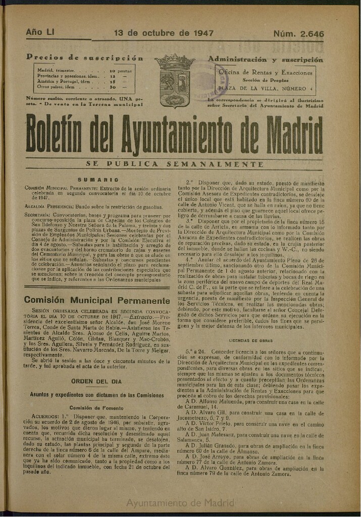 Miniatura de Boletín Oficial del Ayuntamiento de Madrid del 13 de octubre de 1947, nº 2646