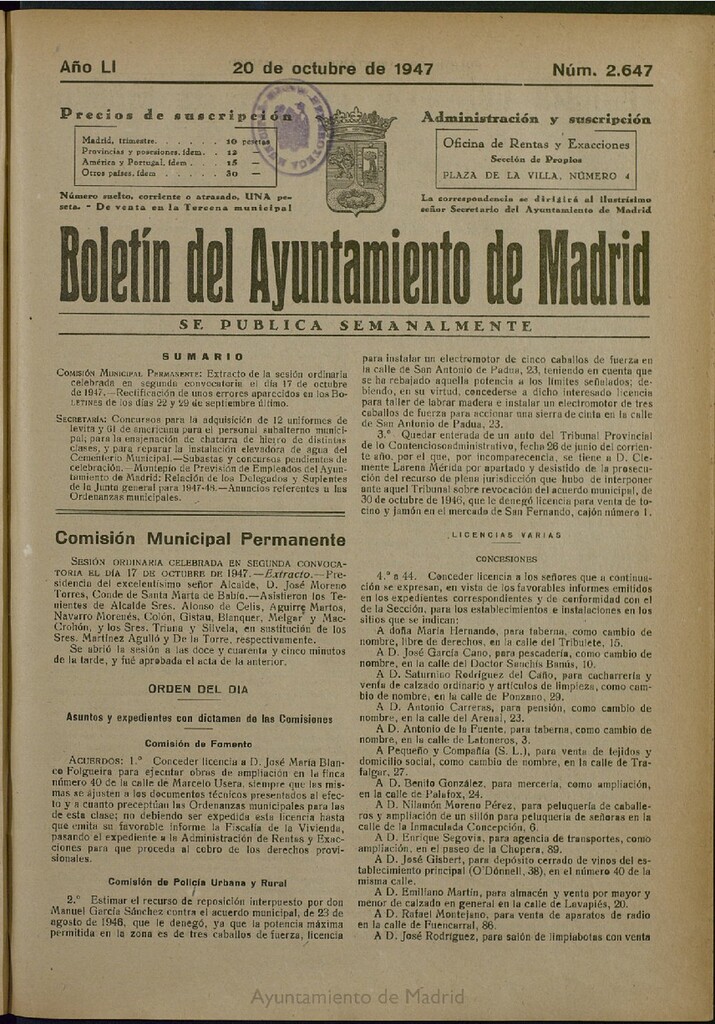 Miniatura de Boletín Oficial del Ayuntamiento de Madrid del 20 de octubre de 1947, nº 2647