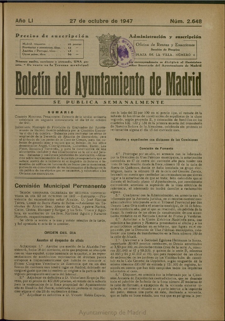 Miniatura de Boletín Oficial del Ayuntamiento de Madrid del 27 de octubre de 1947, nº 2648
