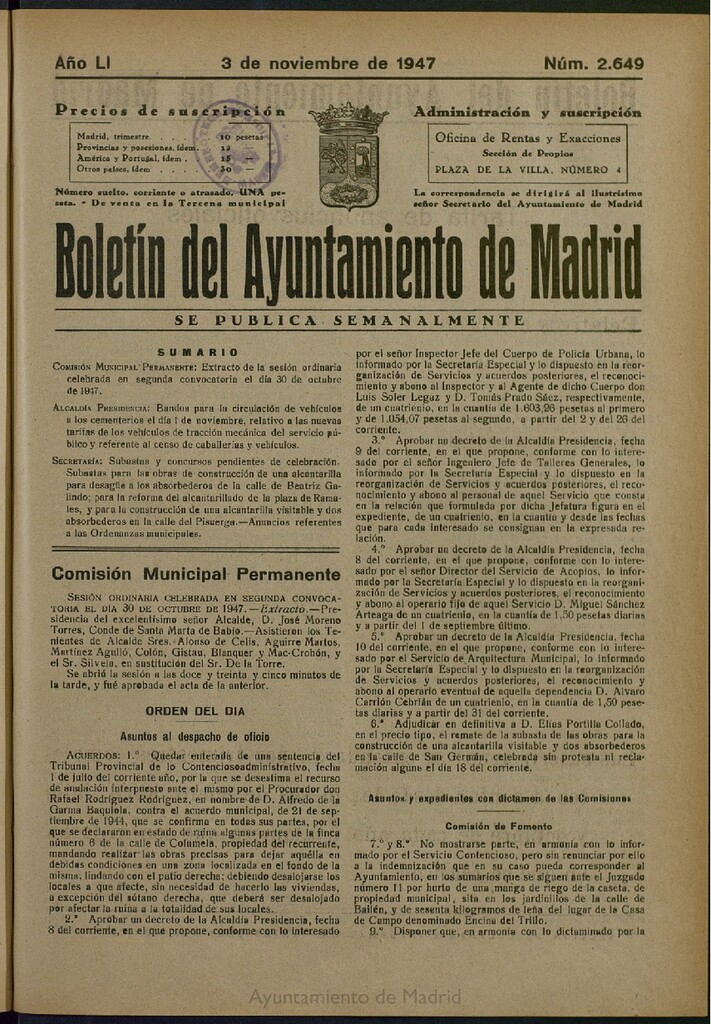Miniatura de Boletín Oficial del Ayuntamiento de Madrid del 3 de noviembre de 1947, nº 2649