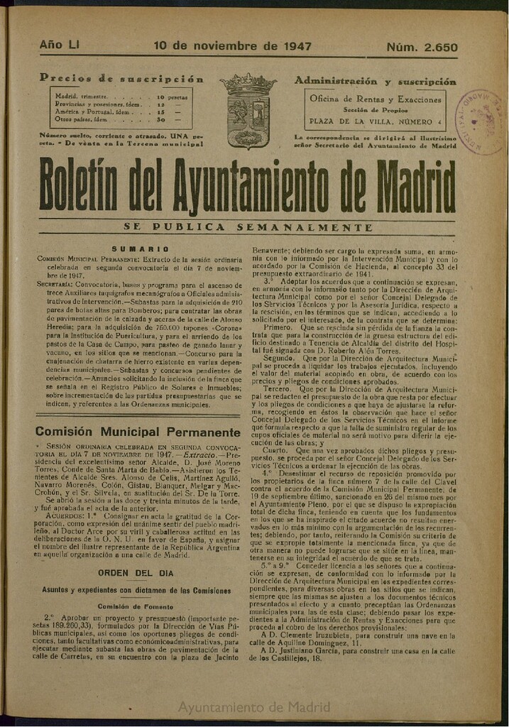 Miniatura de Boletín Oficial del Ayuntamiento de Madrid del 10 de noviembre de 1947, nº 2650