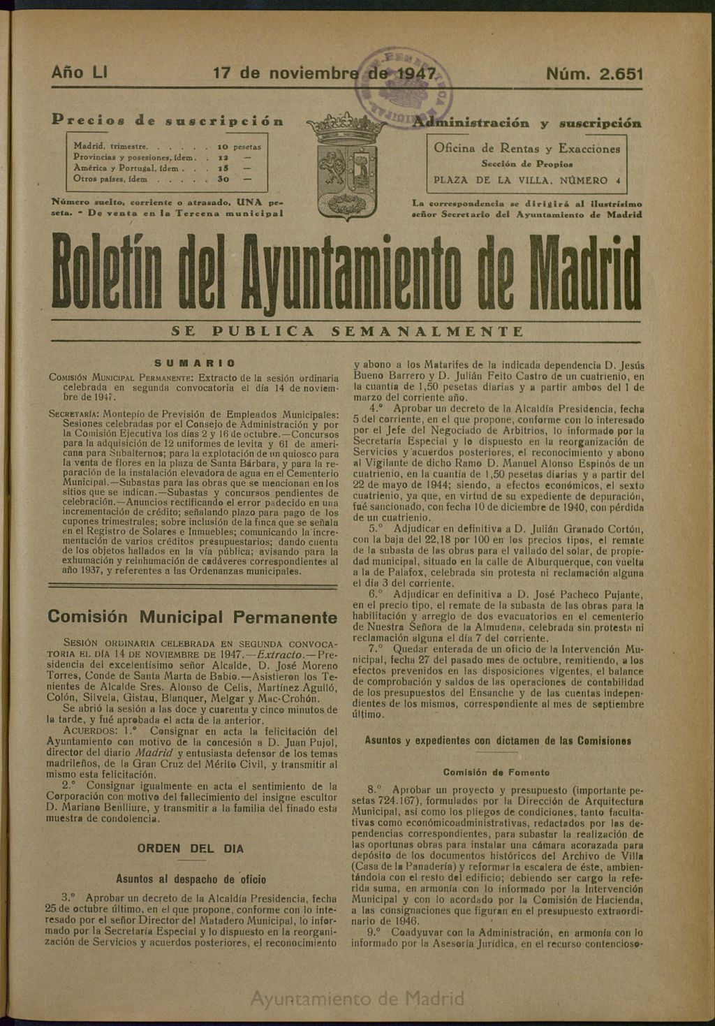 Miniatura de Boletín Oficial del Ayuntamiento de Madrid del 17 de noviembre de 1947, nº 2651