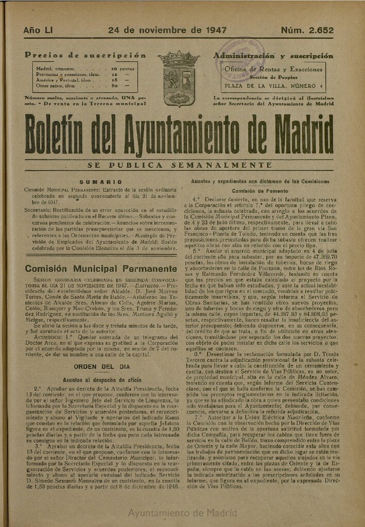Miniatura de Boletín Oficial del Ayuntamiento de Madrid del 24 de noviembre de 1947, nº 2652