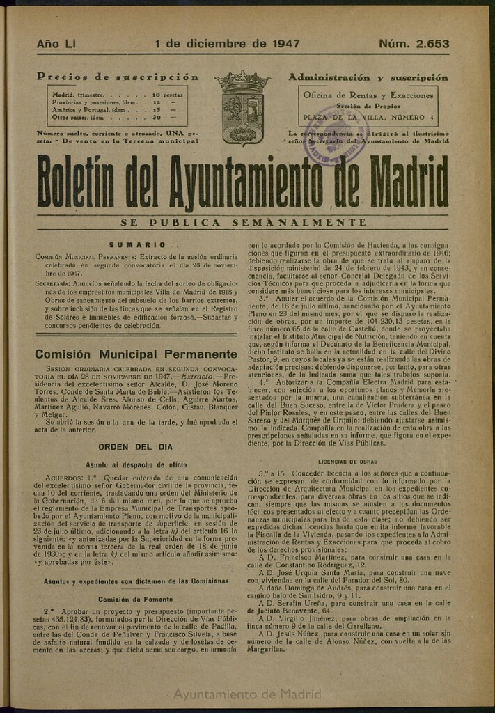 Miniatura de Boletín Oficial del Ayuntamiento de Madrid del 1 de diciembre de 1947, nº 2653