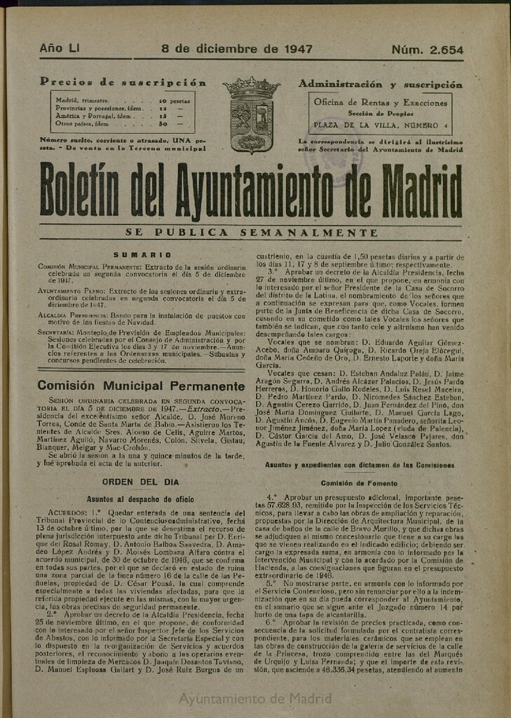 Miniatura de Boletín Oficial del Ayuntamiento de Madrid del 8 de diciembre de 1947, nº 2654