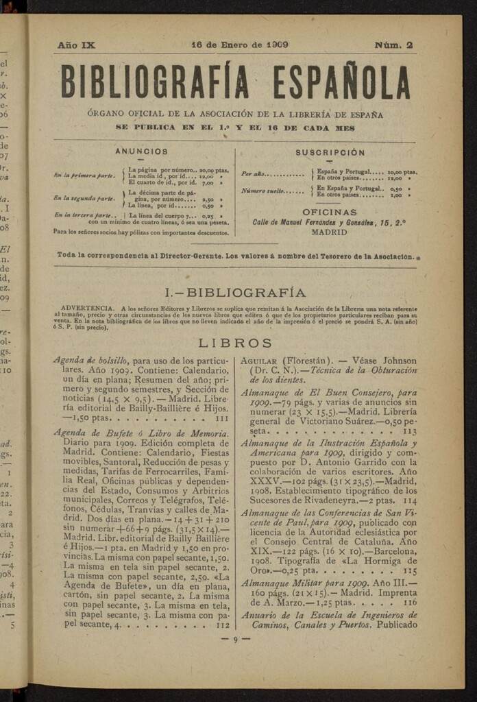 Miniatura de Bibliografía Española del 16 de enero de 1909
