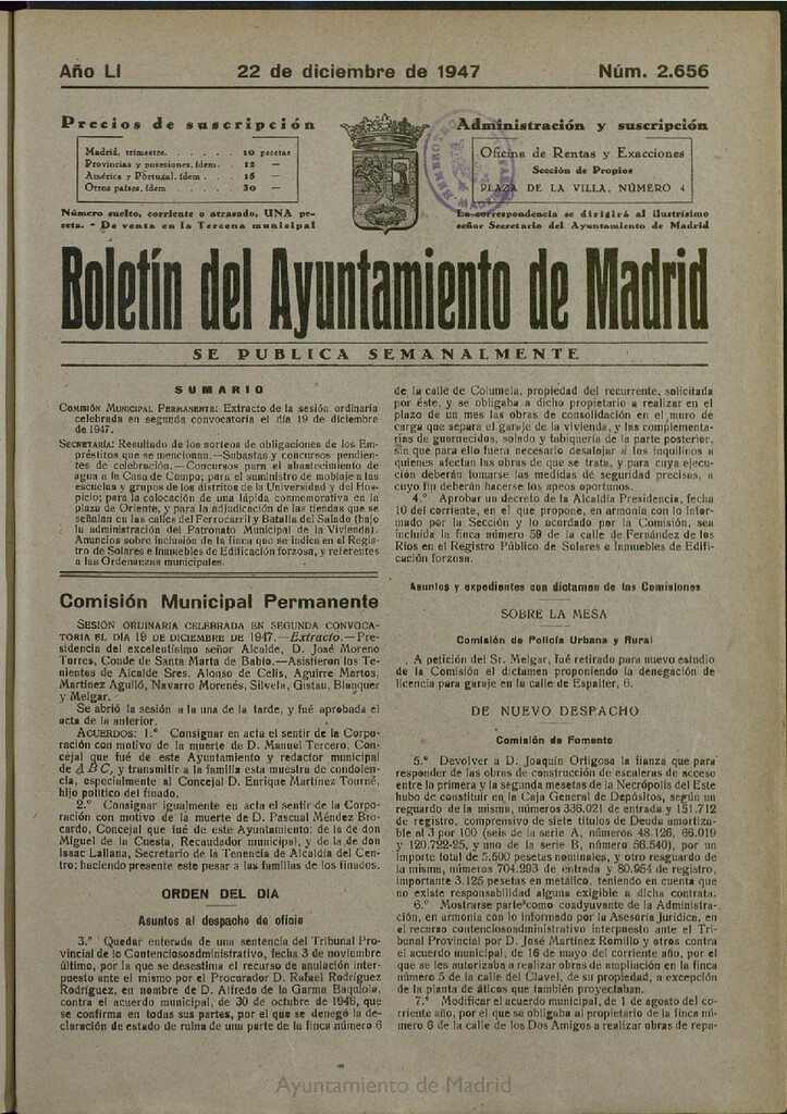 Miniatura de Boletín Oficial del Ayuntamiento de Madrid del 22 de diciembre de 1947, nº 2656