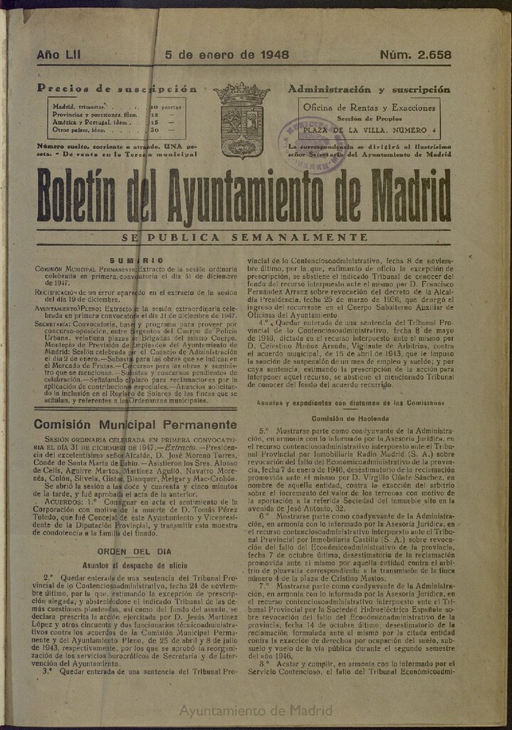 Miniatura de Boletín Oficial del Ayuntamiento de Madrid del 5 de enero de 1948, nº 2658