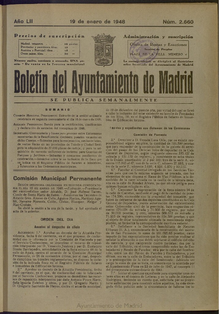 Miniatura de Boletín Oficial del Ayuntamiento de Madrid del 19 de enero de 1948, nº 2660