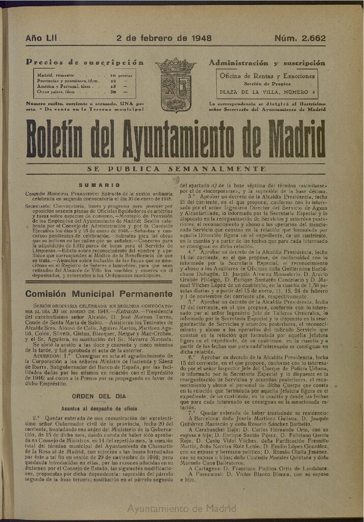 Miniatura de Boletín Oficial del Ayuntamiento de Madrid del 2 de febrero de 1948, nº 2662