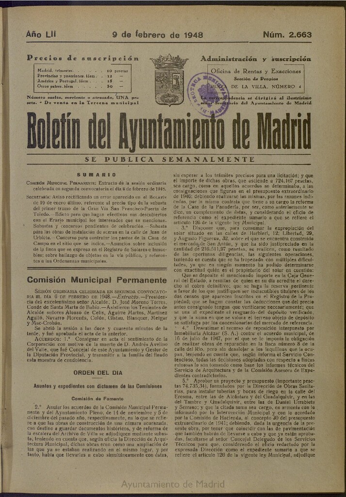 Miniatura de Boletín Oficial del Ayuntamiento de Madrid del 9 de febrero de 1948, nº 2663