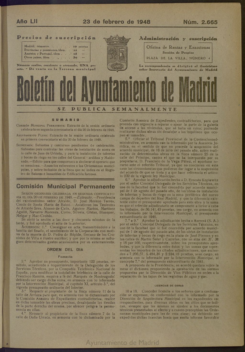 Miniatura de Boletín Oficial del Ayuntamiento de Madrid del 23 de febrero de 1948, nº 2665