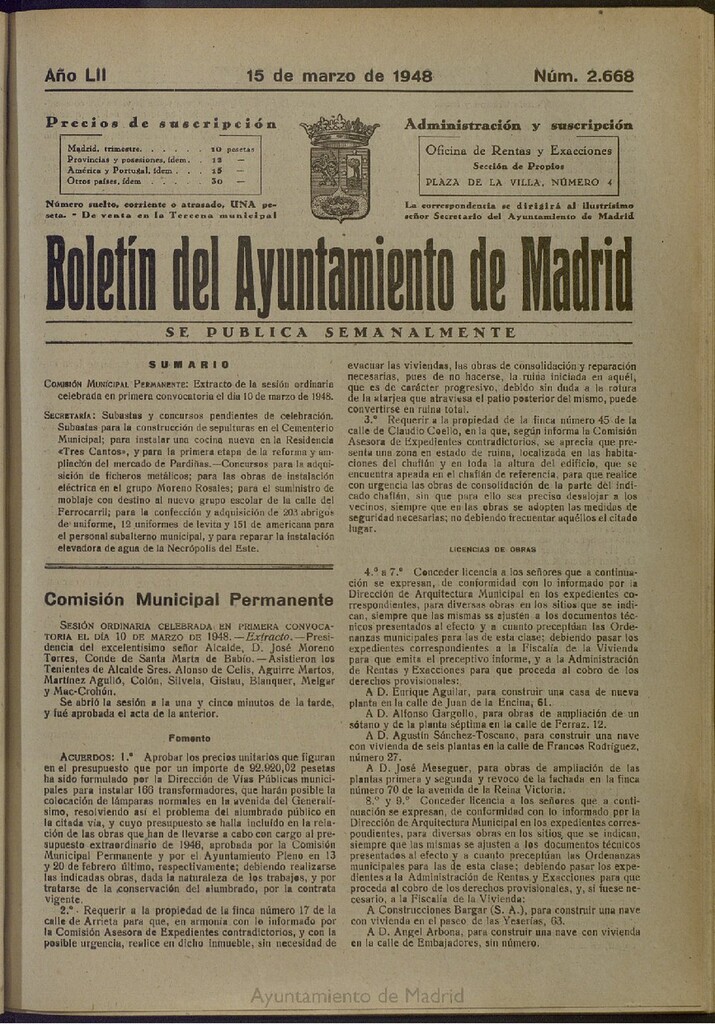 Miniatura de Boletín Oficial del Ayuntamiento de Madrid del 15 de marzo de 1948, nº 2668