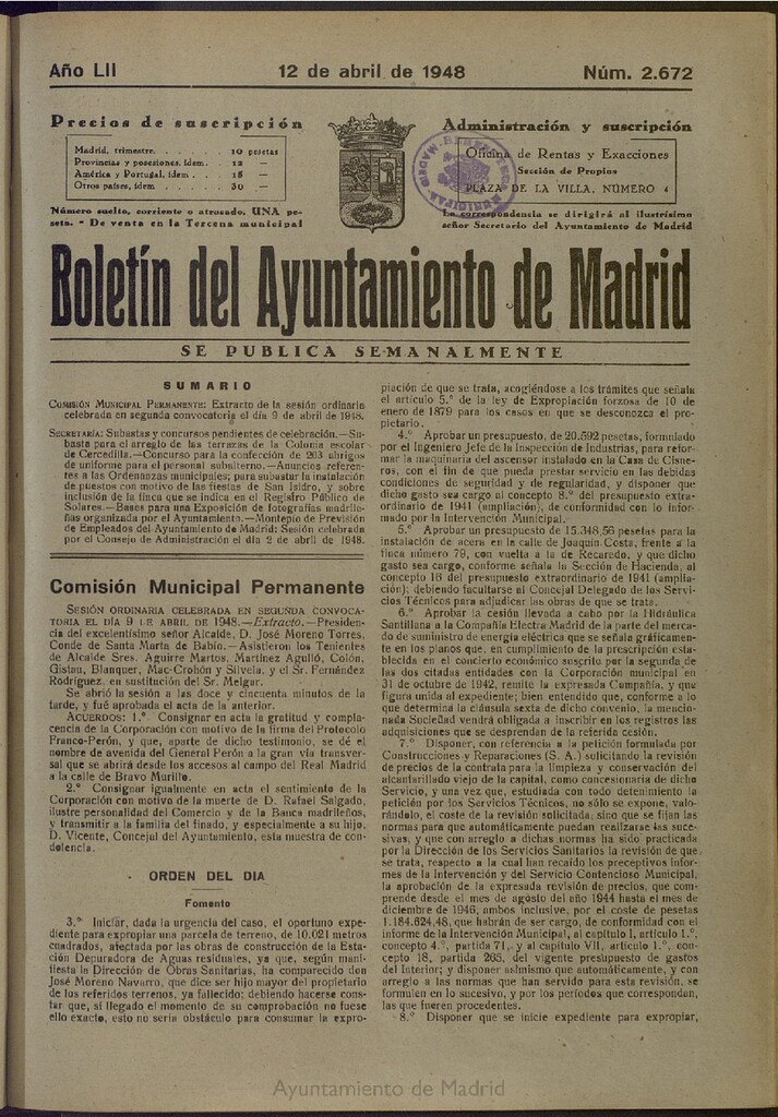 Miniatura de Boletín Oficial del Ayuntamiento de Madrid del 12 de abril de 1948, nº 2671