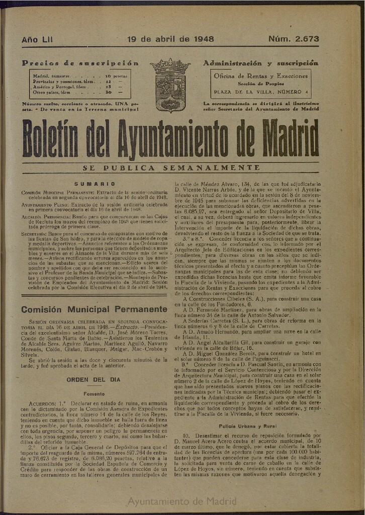 Miniatura de Boletín Oficial del Ayuntamiento de Madrid del 19 de abril de 1948, nº 2672