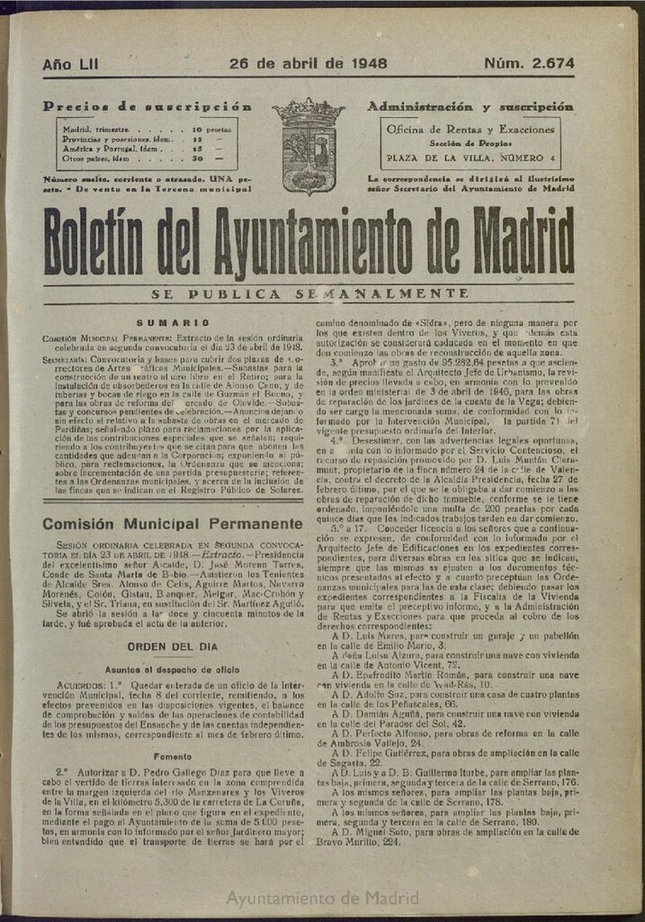 Miniatura de Boletín Oficial del Ayuntamiento de Madrid del 26 de abril de 1948, nº 2673
