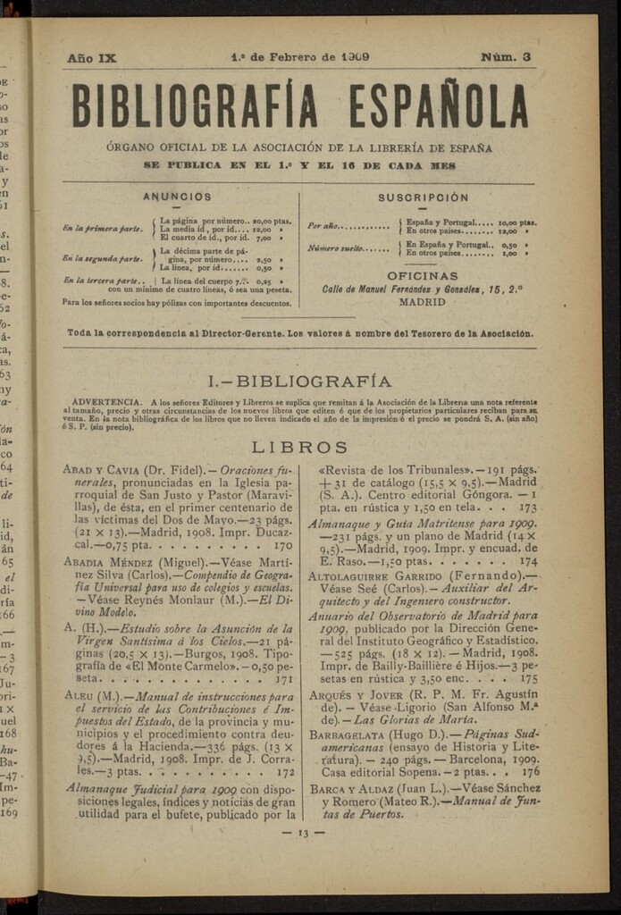 Miniatura de Bibliografía Española del 1 de febrero de 1909