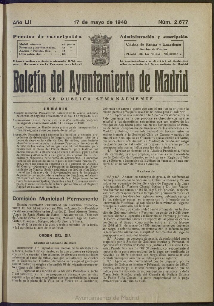 Miniatura de Boletín Oficial del Ayuntamiento de Madrid del 17 de mayo de 1948, nº 2676