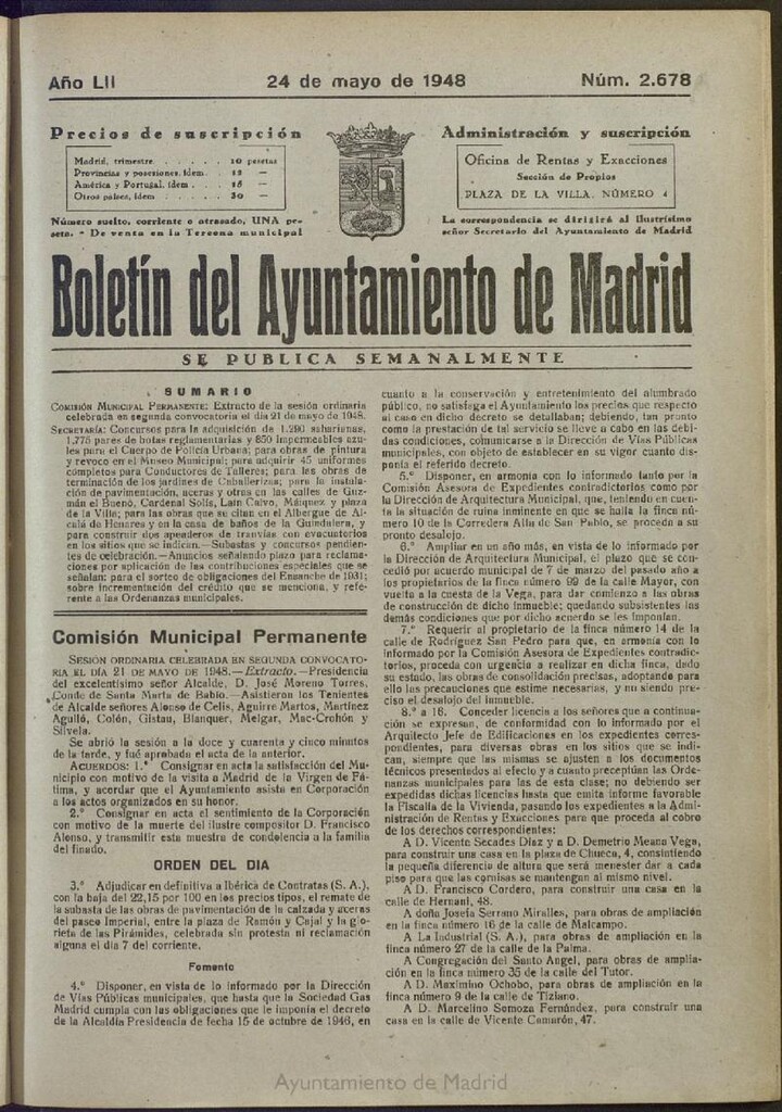 Miniatura de Boletín Oficial del Ayuntamiento de Madrid del 24 de mayo de 1948, nº 2677