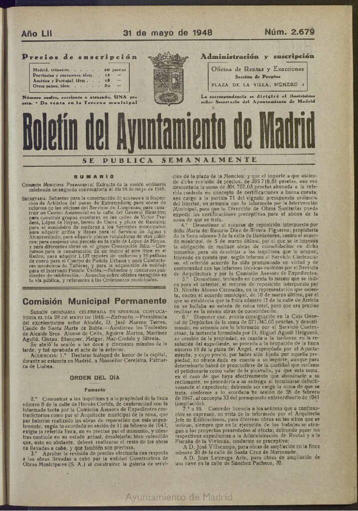 Miniatura de Boletín Oficial del Ayuntamiento de Madrid del 31 de mayo de 1948, nº 2678