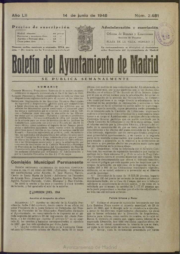 Miniatura de Boletín Oficial del Ayuntamiento de Madrid del 14 de junio de 1948, nº 2680
