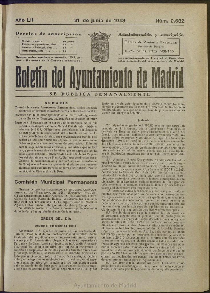 Miniatura de Boletín Oficial del Ayuntamiento de Madrid del 21 de junio de 1948, nº 2681