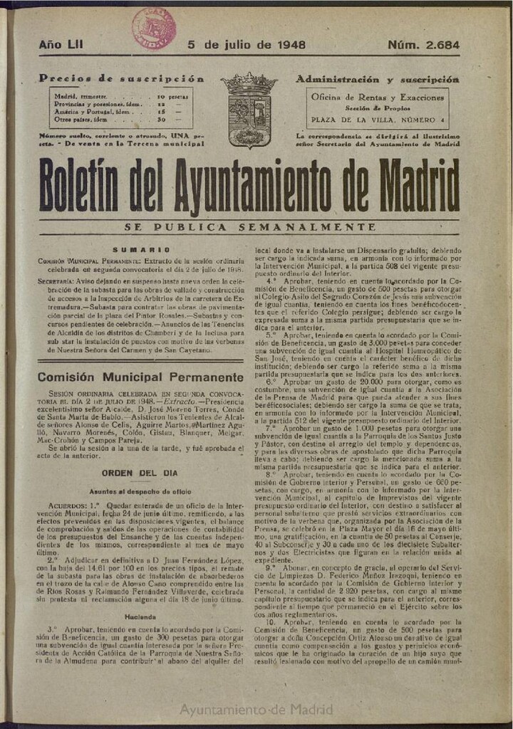 Miniatura de Boletín Oficial del Ayuntamiento de Madrid del 5 de julio de 1948, nº 2683