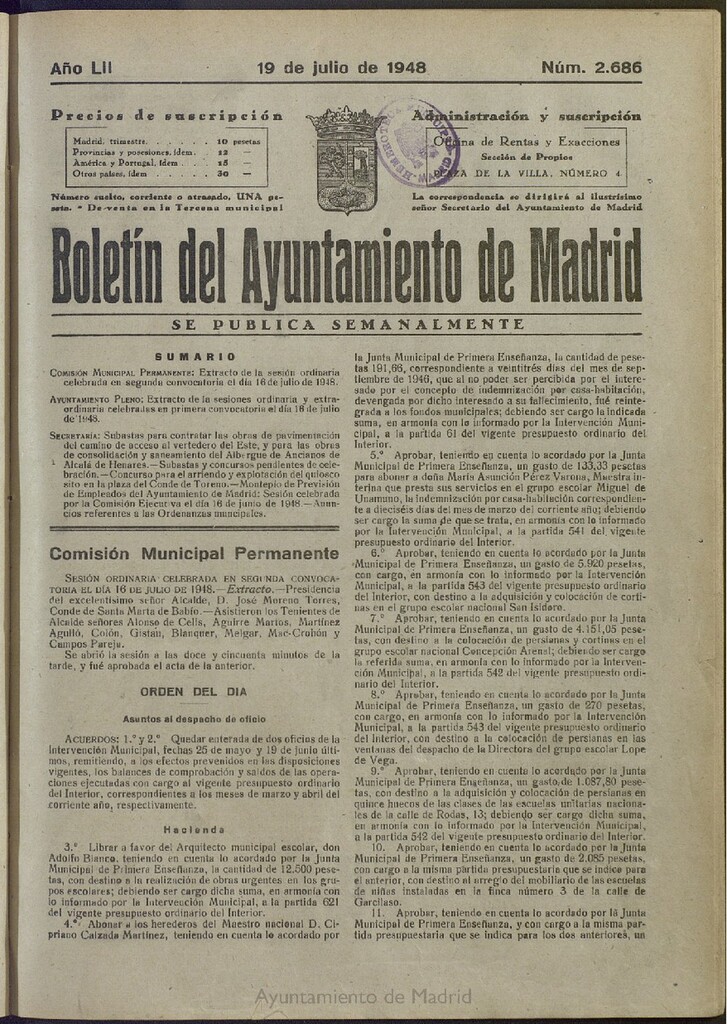 Miniatura de Boletín Oficial del Ayuntamiento de Madrid del 19 de julio de 1948, nº 2685