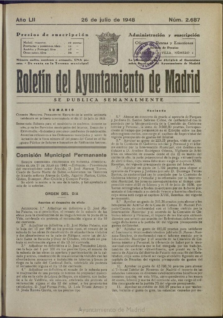 Miniatura de Boletín Oficial del Ayuntamiento de Madrid del 26 de julio de 1948, nº 2686