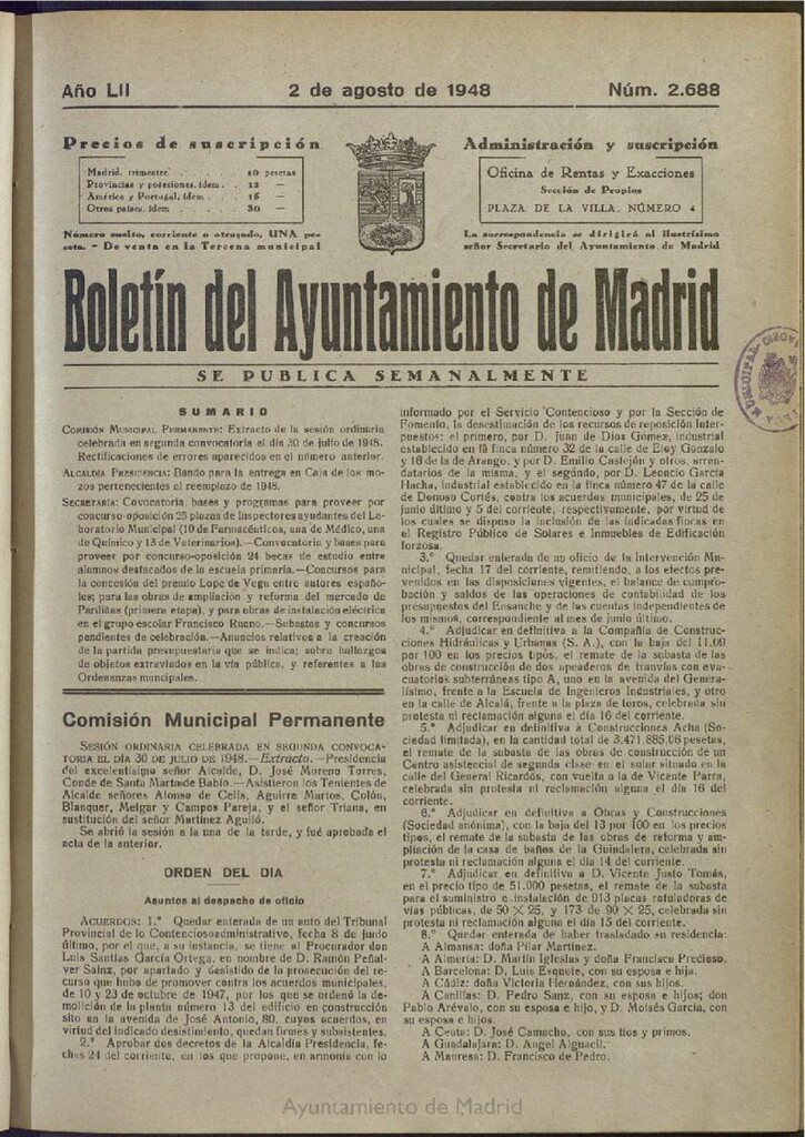 Miniatura de Boletín Oficial del Ayuntamiento de Madrid del 2 de agosto de 1948, nº 2687