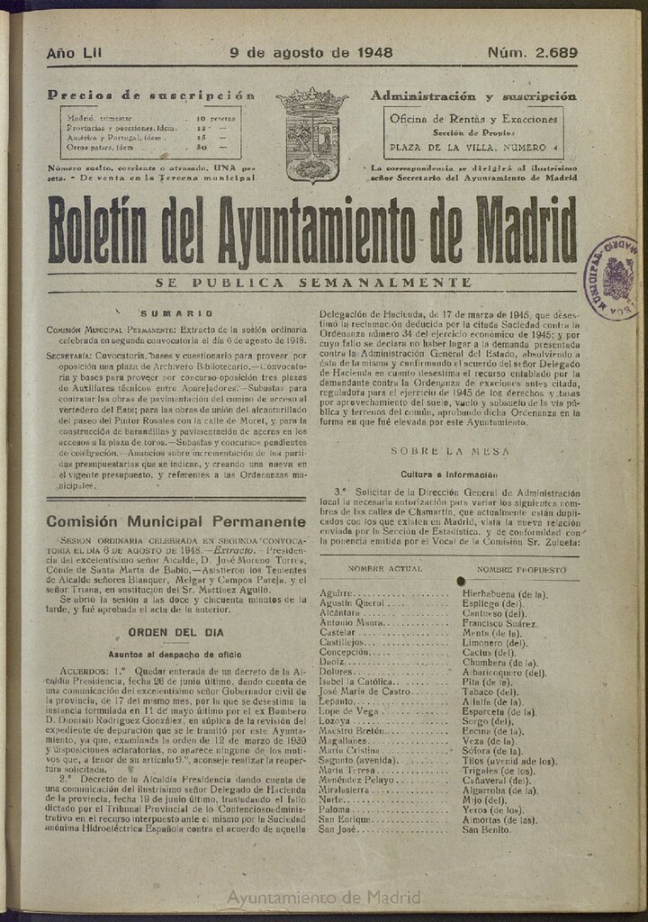 Miniatura de Boletín Oficial del Ayuntamiento de Madrid del 9 de agosto de 1948, nº 2688