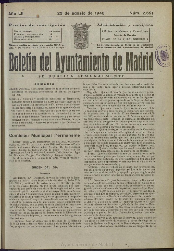 Miniatura de Boletín Oficial del Ayuntamiento de Madrid del 23 de agosto de 1948, nº 2690