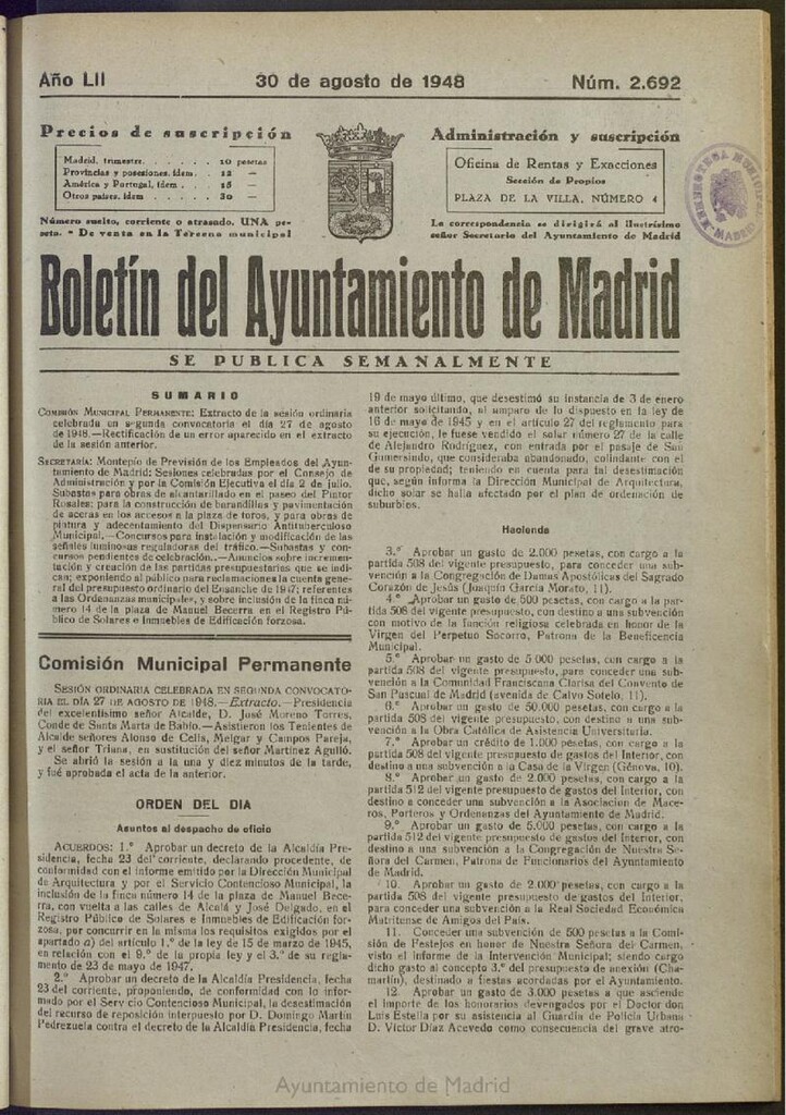 Miniatura de Boletín Oficial del Ayuntamiento de Madrid del 30 de agosto de 1948, nº 2691