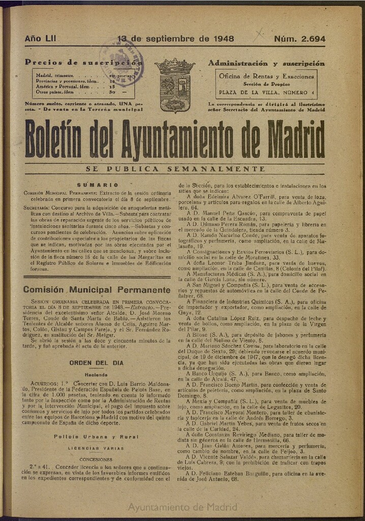 Miniatura de Boletín Oficial del Ayuntamiento de Madrid del 13 de septiembre de 1948, nº 2693