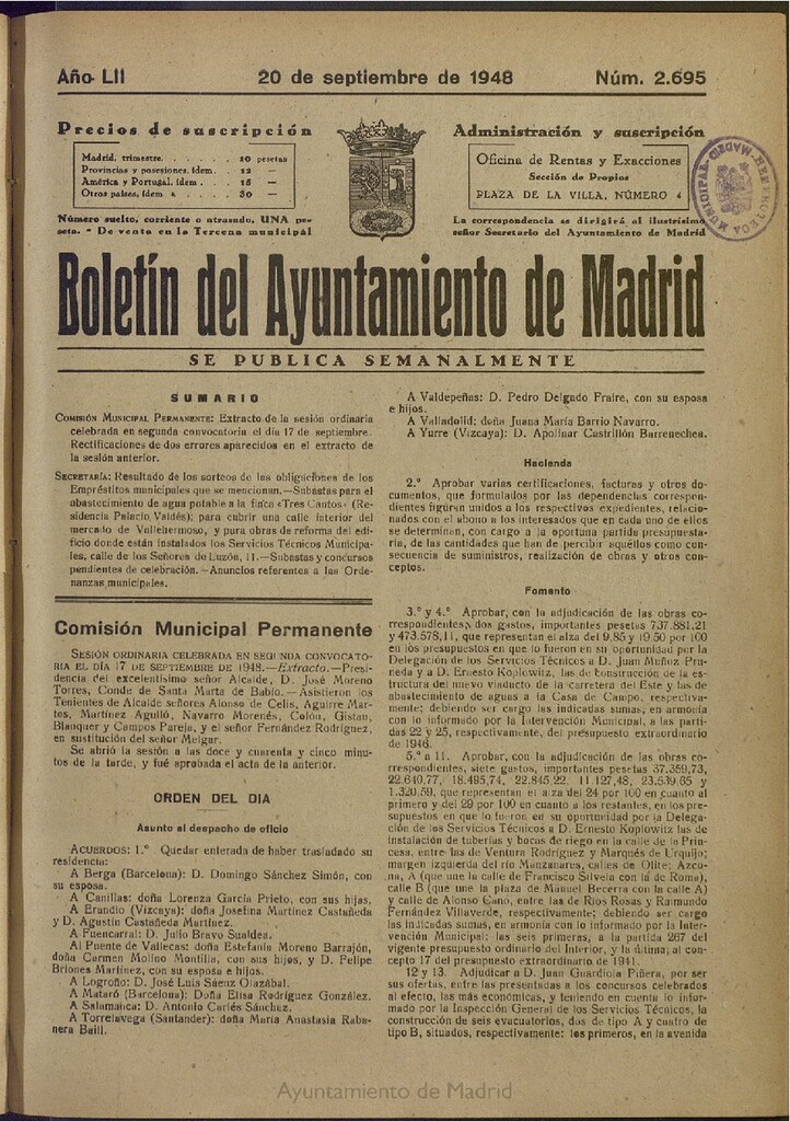 Miniatura de Boletín Oficial del Ayuntamiento de Madrid del 20 de septiembre de 1948, nº 2694