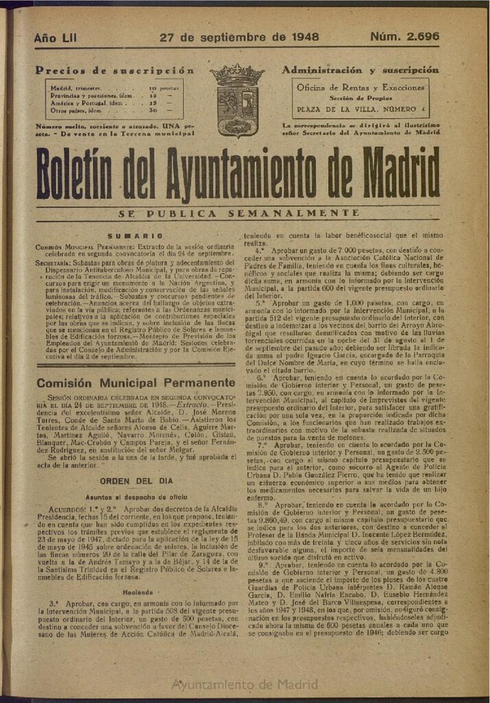 Miniatura de Boletín Oficial del Ayuntamiento de Madrid del 27 de septiembre de 1948, nº 2695