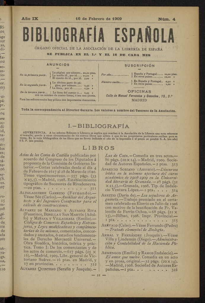 Miniatura de Bibliografía Española del 16 de febrero de 1909