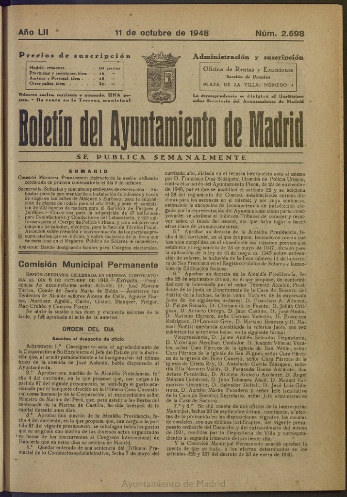 Miniatura de Boletín Oficial del Ayuntamiento de Madrid del 11 de octubre de 1948, nº 2697