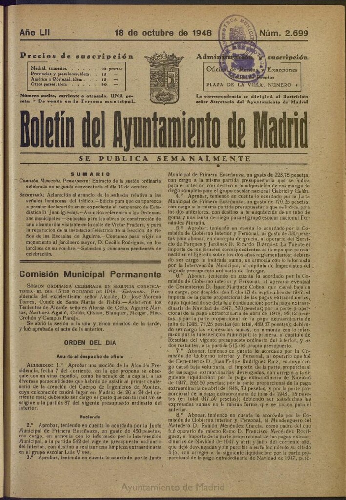 Miniatura de Boletín Oficial del Ayuntamiento de Madrid del 18 de octubre de 1948, nº 2698