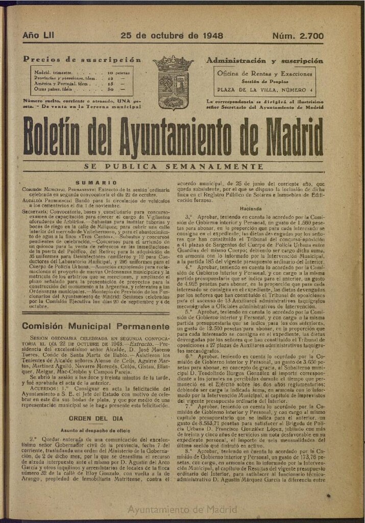 Miniatura de Boletín Oficial del Ayuntamiento de Madrid del 25 de octubre de 1948, nº 2699