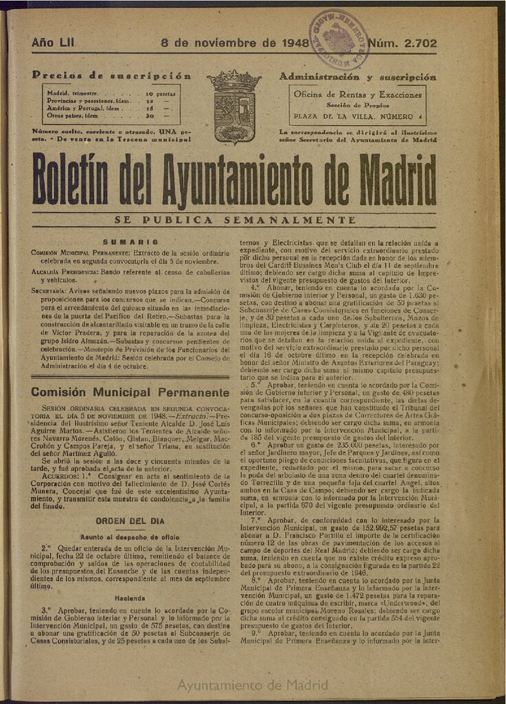 Miniatura de Boletín Oficial del Ayuntamiento de Madrid del 8 de noviembre de 1948, nº 2701