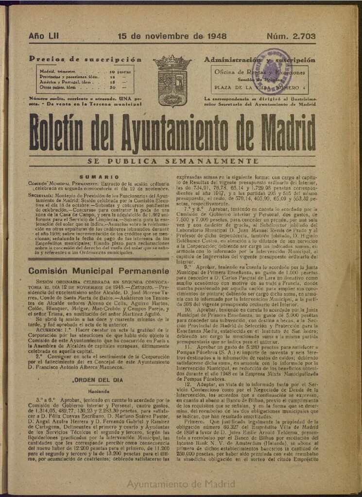 Miniatura de Boletín Oficial del Ayuntamiento de Madrid del 15 de noviembre de 1948, nº 2702
