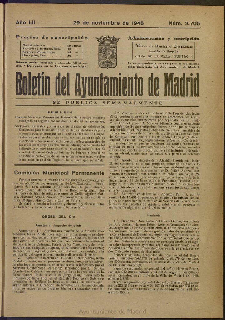 Miniatura de Boletín Oficial del Ayuntamiento de Madrid del 29 de noviembre de 1948, nº 2704