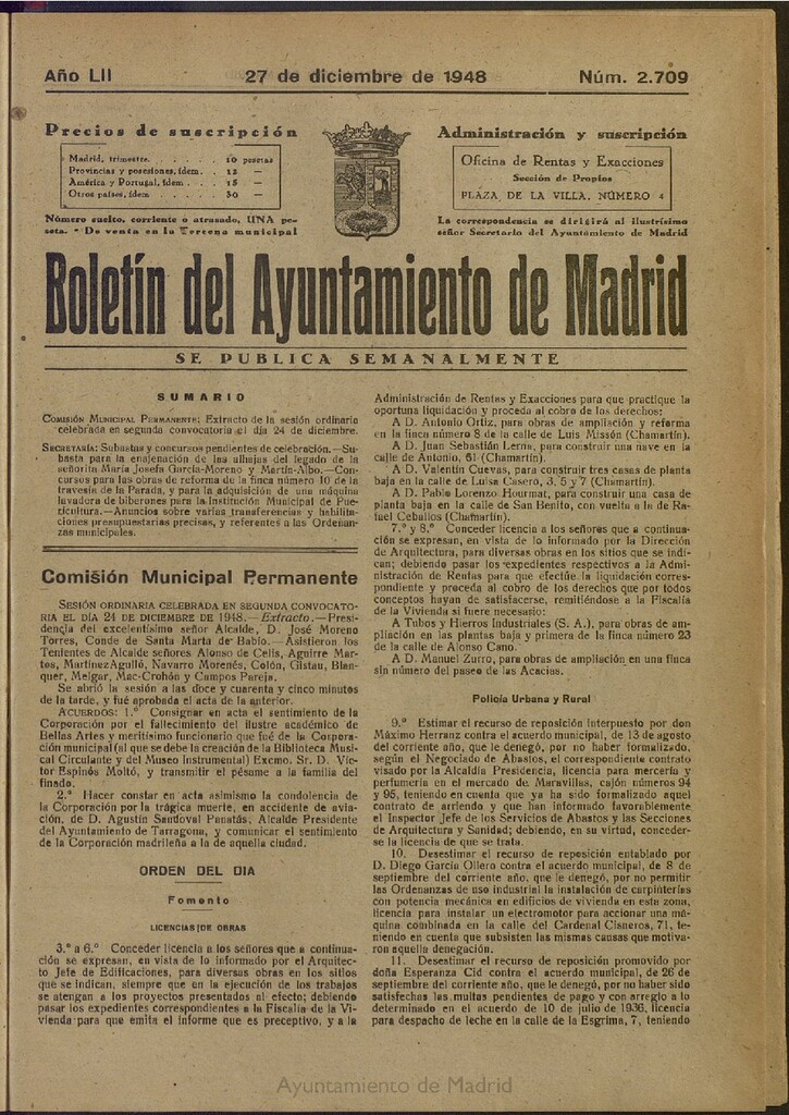 Miniatura de Boletín Oficial del Ayuntamiento de Madrid del 27 de diciembre de 1948, nº 2708